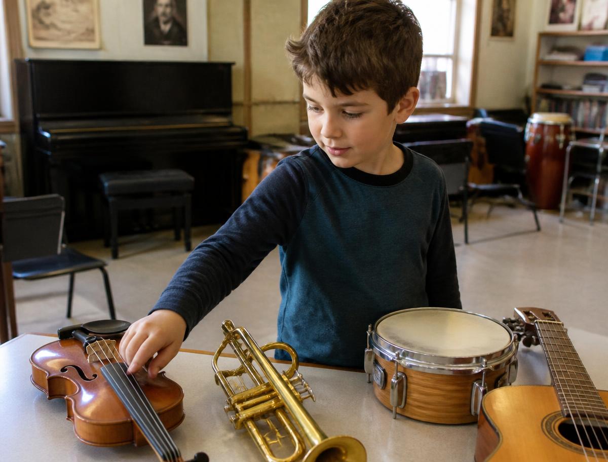 Kind verkent verschillende instrumenten op een tafel in de muziekschool