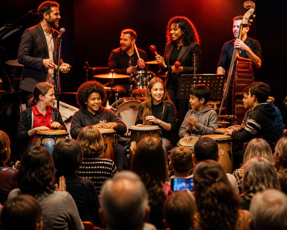 Leerlingen spelen percussie tijdens het slotconcert samen met een band