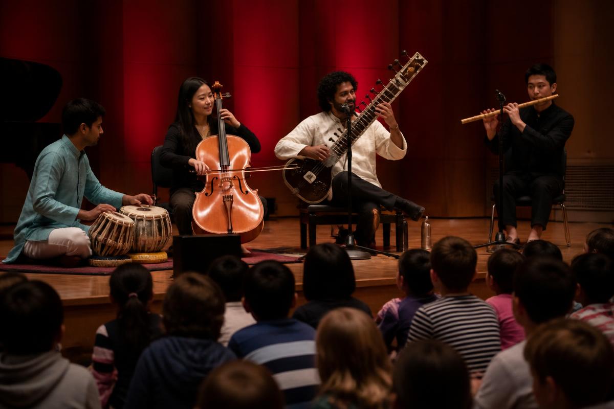 Musici op het podium spelen voor een zaal met schoolkinderen