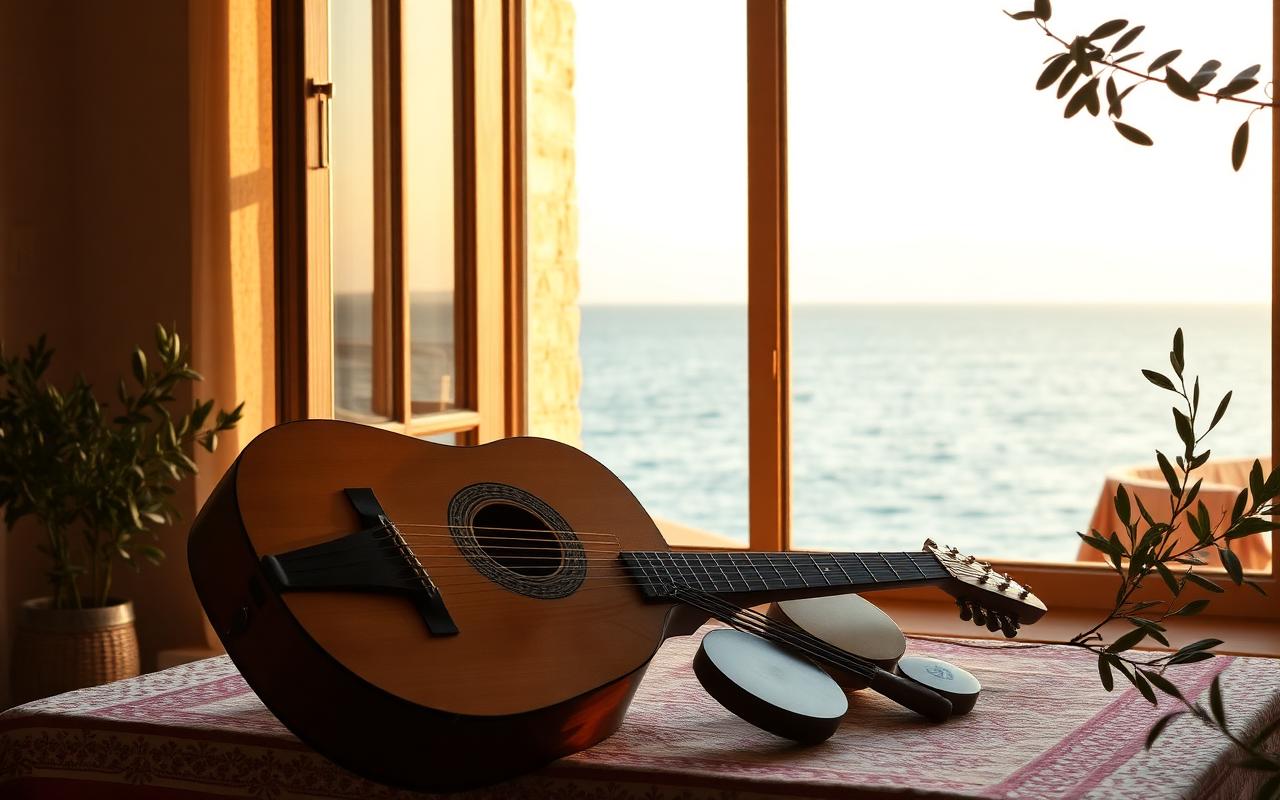 Sfeerbeeld: mediterrane instrumenten bij het raam met zeezicht