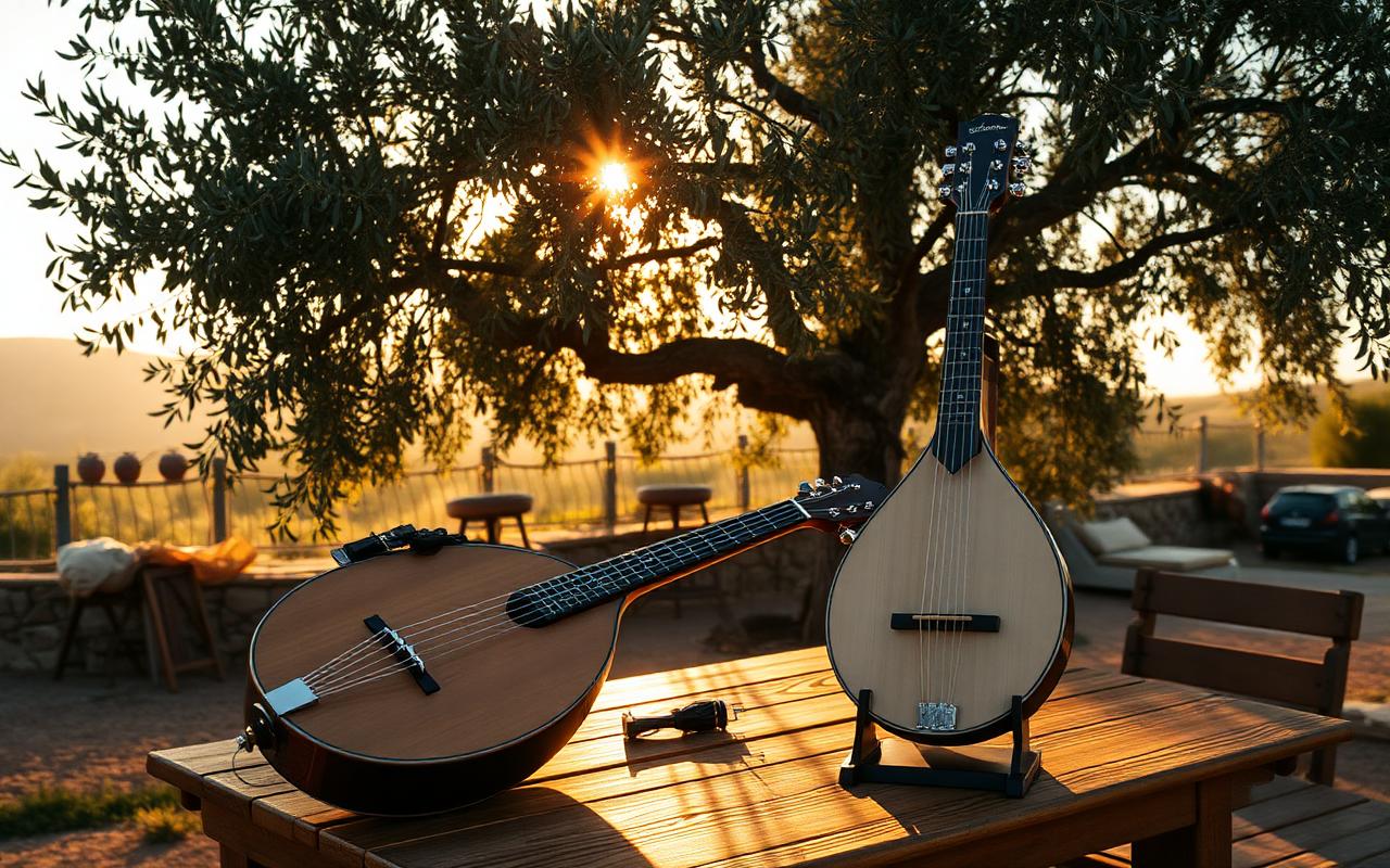 Sfeerbeeld: bouzouki onder olijfboom bij zonsondergang