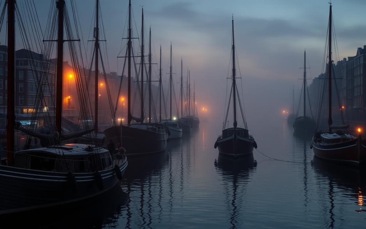 Sfeerbeeld: Amsterdamse haven bij schemer