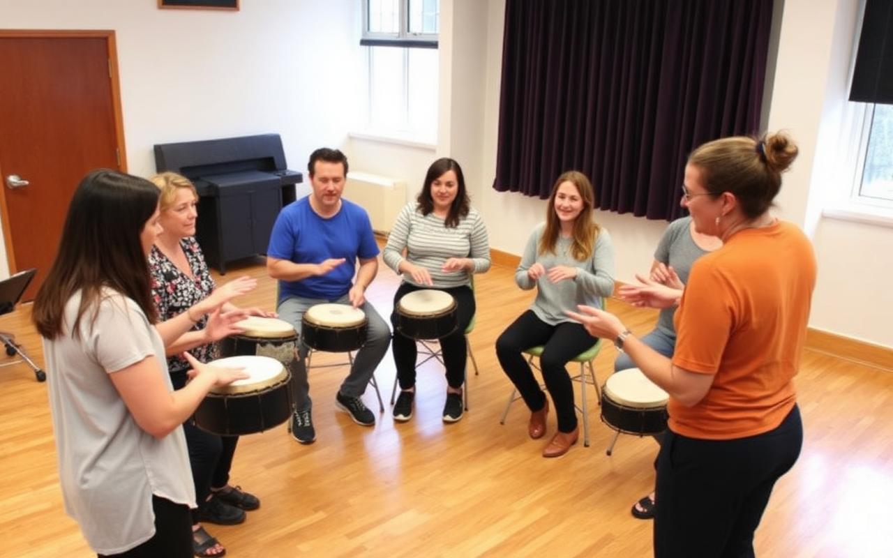 Docenten oefenen samen op percussie tijdens een Aslan-trainingsdag
